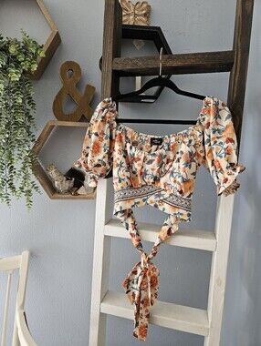 Floral Tie-Front Crop Top - Cream/Yellow